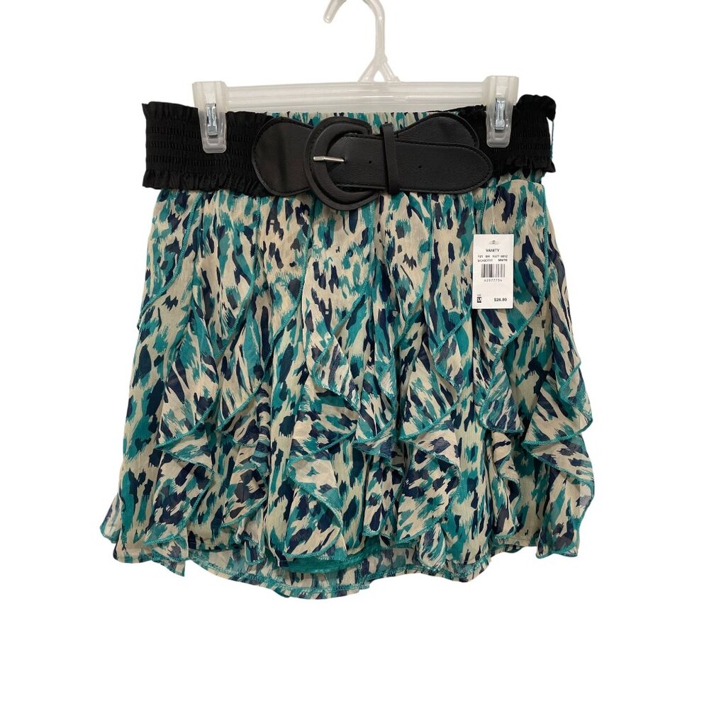Vanity Ruffle Belted Mini Skirt Womens Medium Elastic Waist Lined Abstract NEW